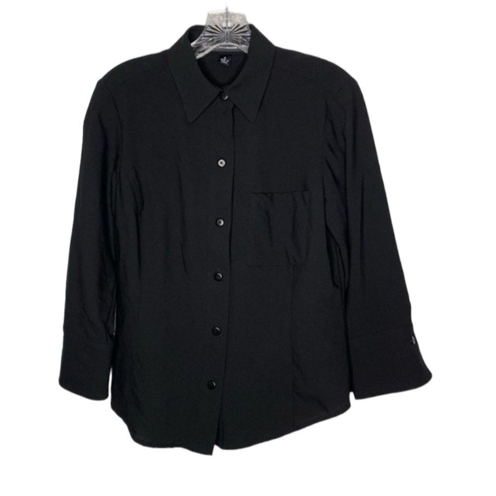 Linda Allard X Ellen Tracy Shirt Womens 4 Black 100% Wool Button Down 3/4 Sleeve